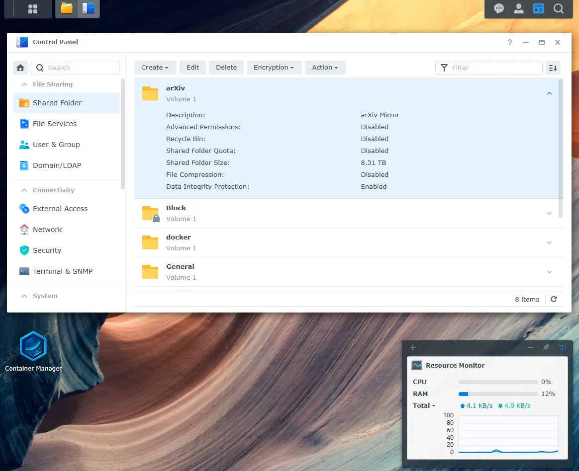 Screenshot of the Synology NAS operating system, with the Control Panel open. It shows the final size: 8.31 TB.